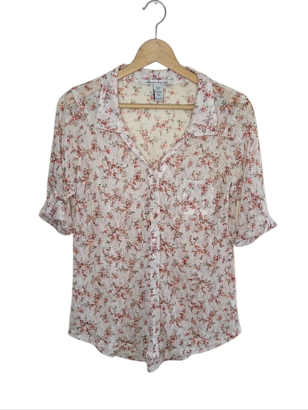 Y2K American Rag Vintage Floral Lace Button Front Short Sleeve Shirt Size XL